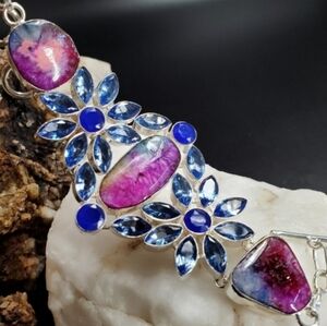 Genuine Raw RAINBOW AGATE/ BLUE TOPAZ/SPINEL White Rhodium/925 Silver Bracelet